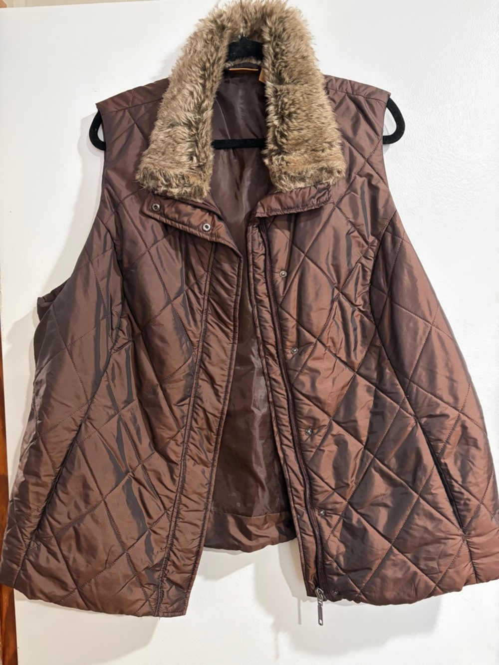 Northcrest Quilted Brown Vest with Faux Fur Collar